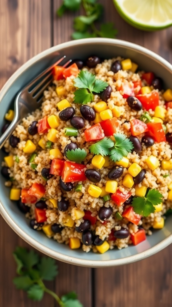 A colorful quinoa black bean salad with bell peppers, corn, and cilantro in a bowl on a wooden table.